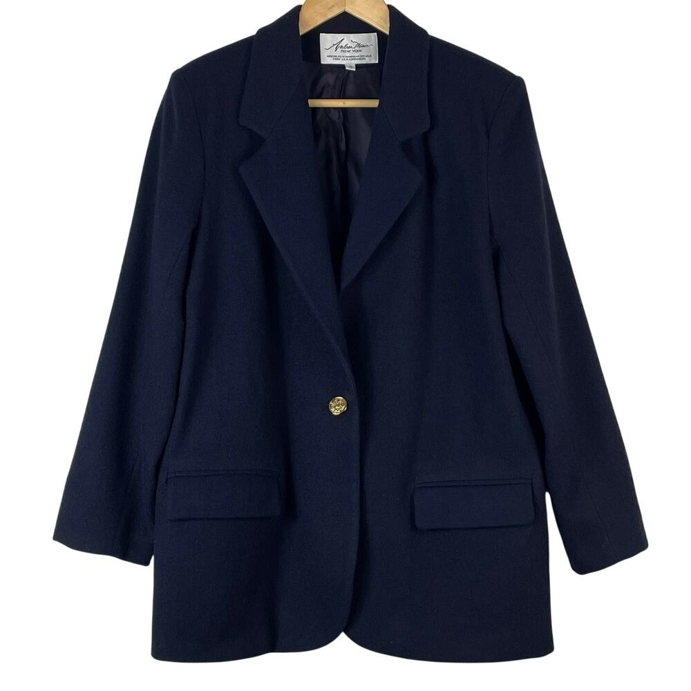 Vintage Andrea Marin New York Navy Blue Wool Coat Size 8 Single Button Gold GUC